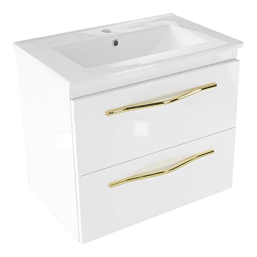 paplinskimoebel badezimmermöbel GIRONA60 Set unterschrank + waschbecken, 60 x 39 x 55 cm, badschrank Einbau-Waschbecken aus Keramik, Hochglanz-Korpus, Weiß + Gold, hängeschrank, Glamour Style von paplinskimoebel