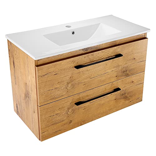 paplinskimoebel Einbauwaschtisch aus Keramik (B81 x T40 x H2 cm) im Set mit Hänge-Badschrank Girona B 80,5 x T40 x H55,1 cm, mit 2 Vollauszug-Schublade, Eichenoptik, Wandmontage von paplinskimoebel