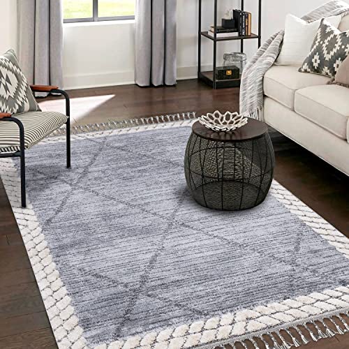 payé Teppich Wohnzimmer - Abstrak Raute - 200x290cm - Creme Grau Blau - Fransen Deko Boho Flauschig - Cut & Loop Sisal - Schlafzimmer Flur Dekoration Läufer von payé