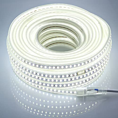 pcning LED Streifen 20M 220V 230V 5730 120 leds/m mit EU Stecker, 20 Meter 6000K Kaltweiss LED Strip Light mit Netzteil Aussen (Kaltes Weiß, 20.00) von pcning