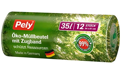 Pely Öko-Müllbeutel mit Zugband 35 Liter Vorteilspack 11 x 12 Stück, aus 99% Recycling Material, für die Entsorgung von Hausmüll, Restmüll von pely