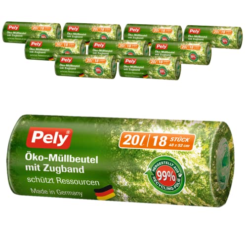 Pely Öko-Müllbeutel mit Zugband 20 Liter Vorteilspack 10 x 18 Stück im Karton, 99% aus Recycling Material, blickdicht für die Entsorgung von Hausmüll, Restmüll von pely
