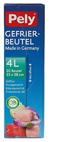 240 Stück Pely® Gefrierbeutel pely 8664 klimafreundlich 4 Liter, 25 x 38 cm.1 Karton mit 12 Packungen. Jede Packung hat 20 pely Gefrierbeutel 1 Liter von pely