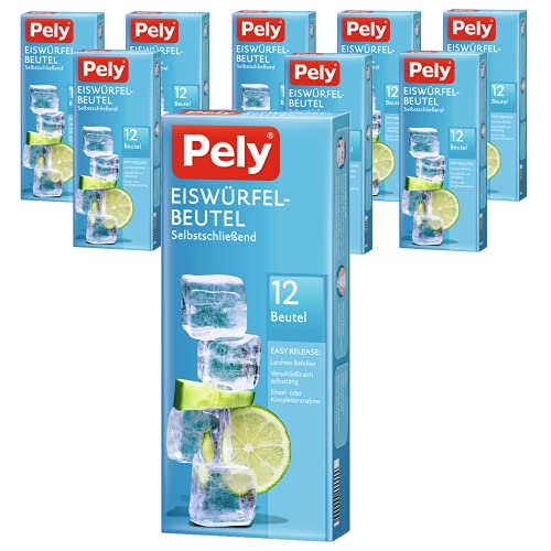 Pely Eiswürfel-Beutel, für quadratische Würfel, Vorteilspack 9 Packungen je 12 Beutel, veschließt selbstständig, einzeln entnehmbar, platzsparende Zubereitung von pely
