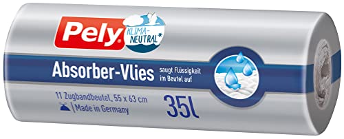 Pely Zugband Müllbeutel 35 Liter mit einzigartigen Absorber-Vlies - klimaneutralisiert durch Kompensation, Vorteilspack (19 x 11 Stück), für die Entsorgung von Restabfall, nimmt Flüssigkeiten auf von pely