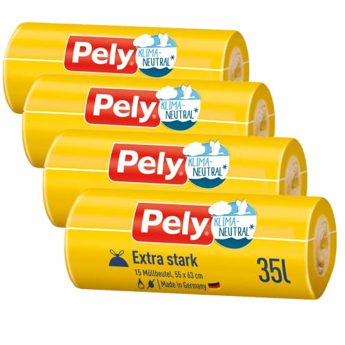 Pely Zugband Müllbeutel extra stark - klimaneutralisiert durch Kompensation, Vorteilspack (4 x 15 Stück), gelb, für die Entsorgung von Restabfall (35 Liter) von pely