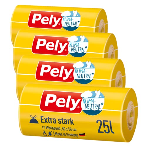 Pely Zugband Müllbeutel extra stark - klimaneutralisiert durch Kompensation, Vorteilspack (4 x 17 Stück), gelb, für die Entsorgung von Restabfall (25 Liter) von pely
