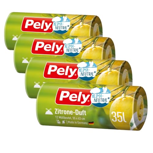 Pely Zugband Müllbeutel mit Zitronen Duft - klimaneutralisiert durch Kompensation, Vorteilspack (4 x 12 Stück), gelb, für die Entsorgung von Restabfall (35 Liter) mit angenehmen Duft von pely