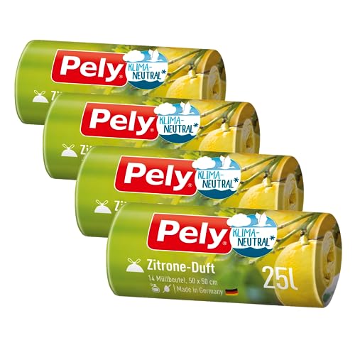 Pely Zugband Müllbeutel mit Zitronen Duft - klimaneutralisiert durch Kompensation, Vorteilspack (4 x 14 Stück), gelb, für die Entsorgung von Restabfall (25 Liter) mit angenehmen Duft von pely