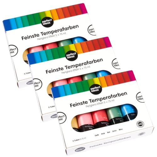 perfect ideaz - 3x Metallic-Farbe (15 x 75 ml), Tempera-Farbe mit Perl-Glanz-Effekt, 5 Farben, Malfarbe auf Wasserbasis von perfect ideaz