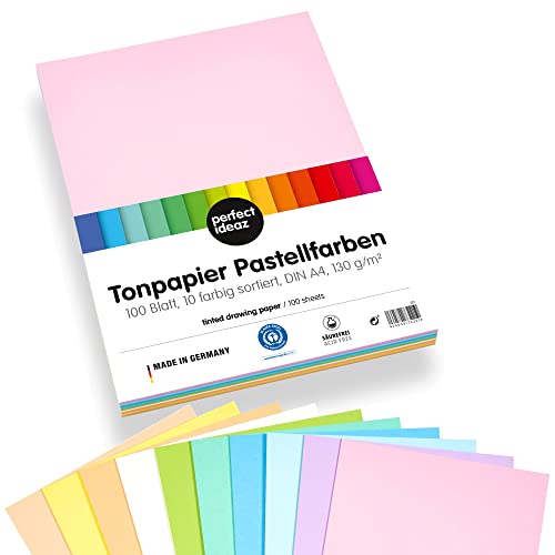 perfect ideaz • 100 Blatt Ton-Papier A4, 10 Pastell-Farben, 130 g/m², MADE IN GERMANY von perfect ideaz