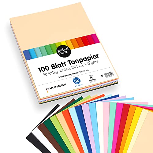 perfect ideaz • 100 Blatt Ton-Papier DIN-A5, 20 Farben, 120 g/m², MADE IN GERMANY von perfect ideaz