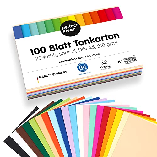 perfect ideaz • 100 Blatt Tonkarton DIN-A5, 20 Farben, 210 g/m², MADE IN GERMANY von perfect ideaz