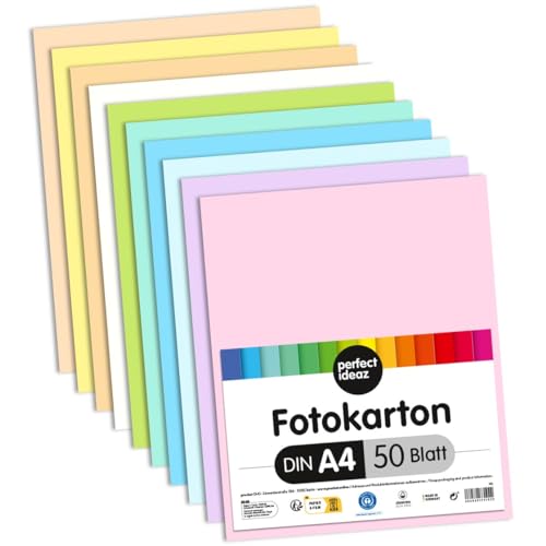 perfect ideaz 50 Blatt Fotokarton DIN-A4, 10 Pastell-Farben, 300 g/m², Made in Germany von perfect ideaz
