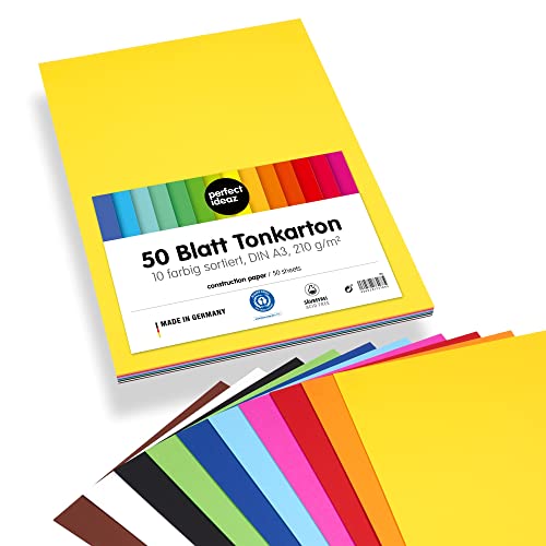 perfect ideaz • 50 Blatt Tonkarton DIN-A3, 10 Farben, 210g /m², MADE IN GERMANY von perfect ideaz