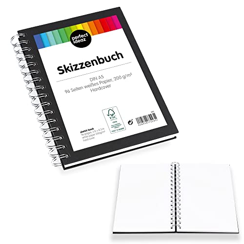 perfect ideaz • Skizzenbuch DIN-A5, Spiralbindung, FSC® zertifiziert, 96 Seite (48 Blatt), Hardcover Schwarz, Sketchbook, 200 g/m² dickes Papier, säurefrei von perfect ideaz