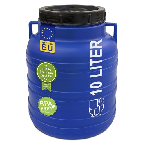 plasteo® 10 Liter Weithalsfass mit Deckel Futtertonne Kunststofffass Universalfass Deckelfass Lebensmittelecht Wasserfass Sauerkrautfass Lagerfass | Stabile Griffe | Blau von plasteo