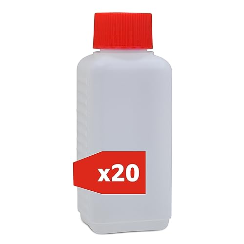 plasteo® 20x100 ml HDPE Kunststoffflasche Leerflasche Vierkantflasche Plastikflasche Enghalsflasche Abfüllflasche mit rotem Schraubverschluss | Made in Germany | Lebensmittelecht von plasteo