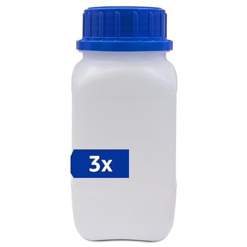 plasteo® 3x 500 ml Weithalsflasche mit Schraubverschluss | Laborflasche Chemikalienflasche | lebensmittelecht mit Gefahrgutzulassung | absolut dicht spülmaschinengeeignet BPA-frei Plastikflasche von plasteo