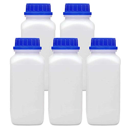 plasteo® 5x 1000 ml Weithalsflasche mit Schraubverschluss | Laborflasche Chemikalienflasche | lebensmittelecht mit Gefahrgutzulassung | absolut dicht spülmaschinengeeignet BPA-frei Plastikflasche von plasteo