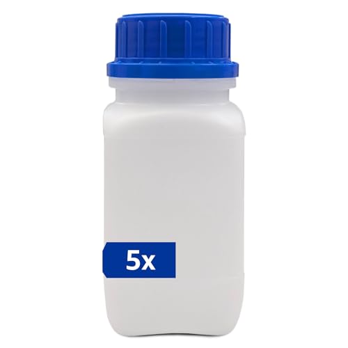 plasteo® 5x 250 ml Weithalsflasche mit Schraubverschluss | Laborflasche Chemikalienflasche | lebensmittelecht mit Gefahrgutzulassung | absolut dicht spülmaschinengeeignet BPA-frei Plastikflasche von plasteo