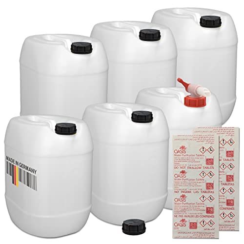 plasteo® 6er Set: 30 Liter Getränke- Wasserkanister Natur mit Schraubdeckeln und 1 Ausgießhahn (DIN 61) und 20 Wasserreinigungstabletten | Lebensmittelecht | Tragbar | Indoor und Outdoor | BPA Frei von plasteo