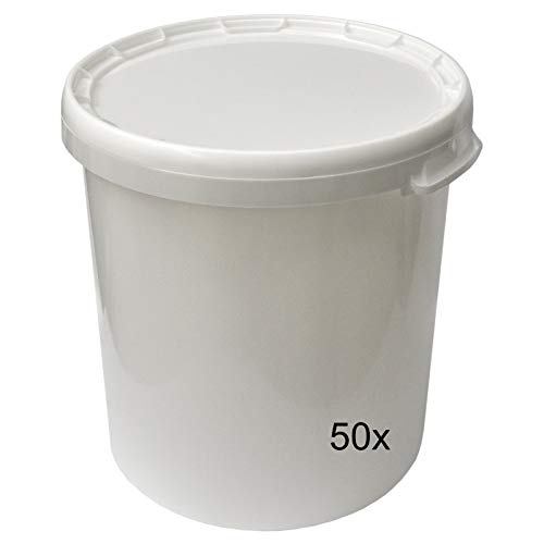 plasteo® Plastikeimer Leereimer Hobbock Kunststoffeimer Weiß Behälter Kübel mit Schnappverschlussdeckel | Lebensmittelechter Kunststoff Stabil und Stapelbar | Dicht Verschließbar | 50 Stück, 30 Liter von plasteo
