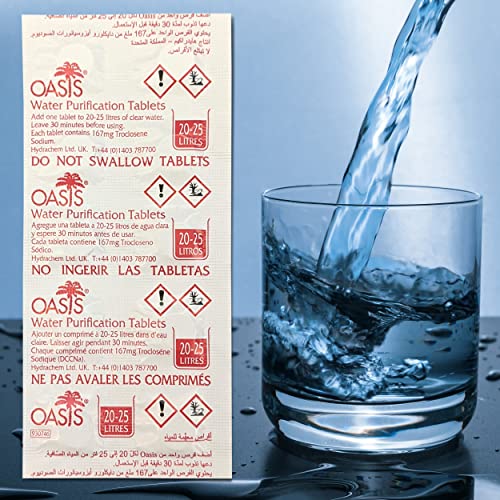 plasteo PURE OASIS Wasserreinigungstabletten 10 Stück für bis zu 250 Liter Wasserentkeimung | 100% keimfreies Trinkwasser in 30 Min. | 1x Handschuh aus PE | Notfall | Krisenvorsorge | Reiseapotheke von plasteo