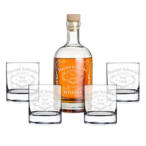 polar-effekt 5-TLG Geschenk-Set mit Gravur - Whiskyflasche und 4 Whiskygläser - Glas-Karaffe Inhalt: 700ml - Geschenkidee für Männer - Motiv Quality Whisky von polar-effekt