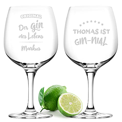 Gin Tonic Gläser 2x mit gravierte Sprüche personalisiert - 2er Set - 755 ml Fassungsvolumen - Lasergravur - Cocktailglas - Genuss - Sommergetränk - Für Männer und Frauen - Kaltgetränk - Spruch 1 und 2 von polar-effekt