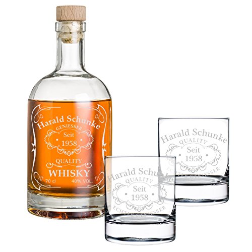 polar-effekt 3-TLG Geschenk-Set Personalisiert mit Gravur - Whiskyflasche und 2 Whiskygläser - Glas-Karaffe Inhalt: 700ml - Geschenkidee für Männer - Motiv Quality Whisky von polar-effekt