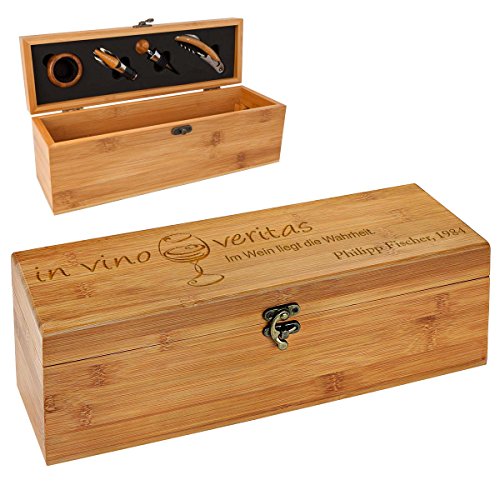 polar-effekt Personalisierte Holzbox mit Gravur - 5-teiliges Sommelier Set - Bambus Geschenkbox für Weinflasche - Weinkiste Geschenk zum Geburtstag - Motiv in vino Veritas von polar-effekt