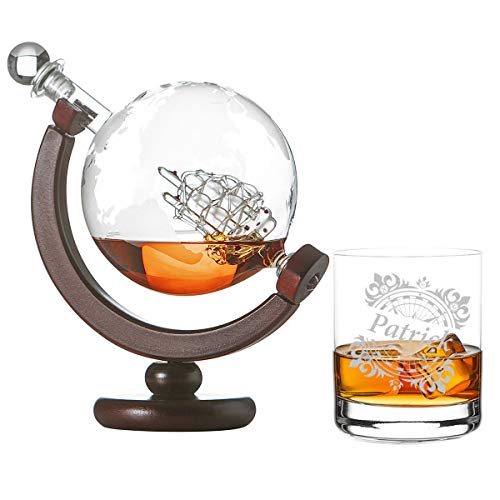 polar-effekt Whisky Karaffe Globus Segelschiff aus Glas - 1 Whiskyglas Tumbler mit Gravur Motiv Vintage Kompass - Weltkugel Dekanter 850ml - Personalisiert mit Namen - Geschenk zum Geburtstag von polar-effekt