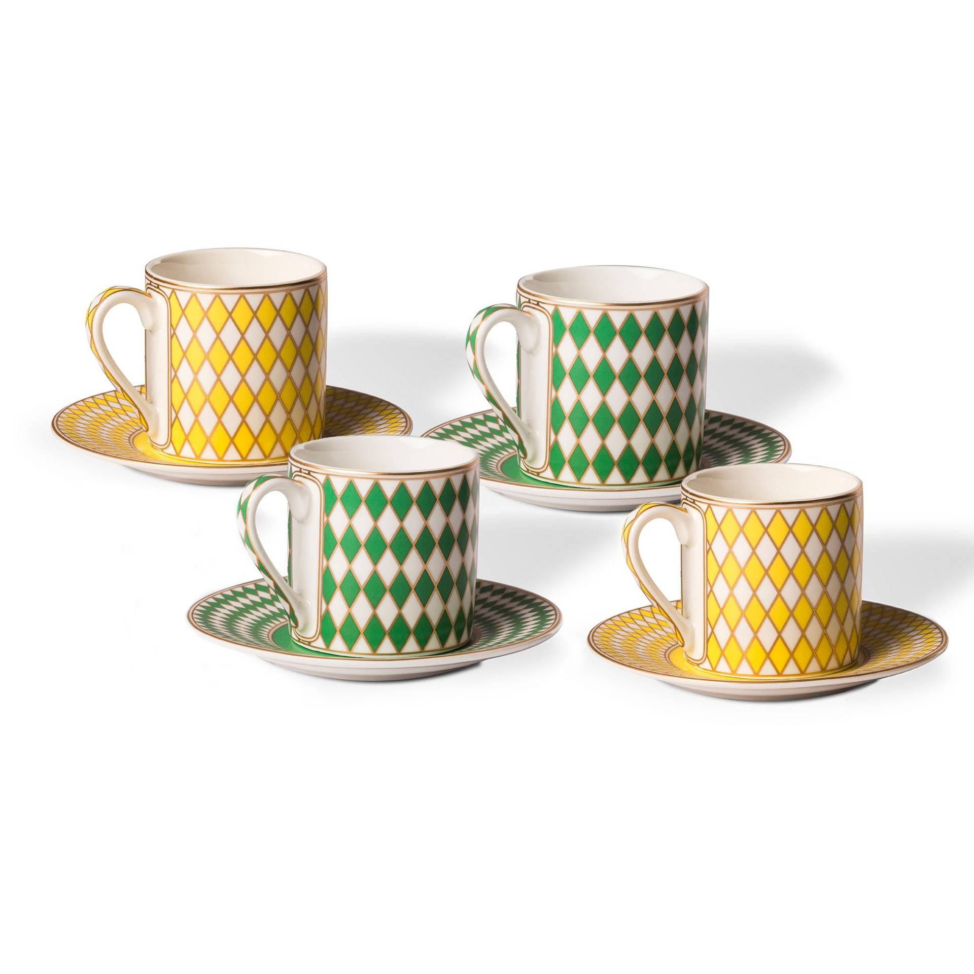 pols potten - Chess Espressotasse 4er Set - grün, gelb, gold/matt glasiert/LxBxH 8x5,9x6cm/ 100ml/mit Untertasse H x Ø 1,6x11,7cm von pols potten