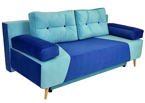 Schlafsofa mit Bettkasten 147x56 cm (Liegefläche 190 x 137 cm) – mit Armlehnen, Zwei Kissen – Stoff: Geflecht, Farbe Blau – Sofa 3 Sitzer, leicht abwischbar, für Wohnzimmer/Gästezimmer von postergaleria