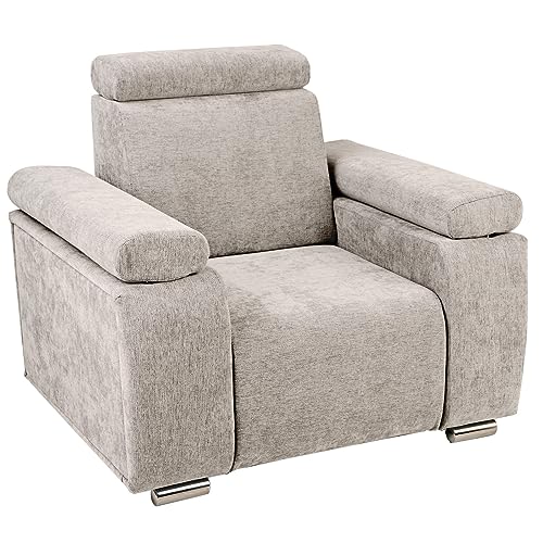 Sessel mit verstellbarer Kopfstütze und Armlehnen grau mit silberfarbenen Beinen - aus kariertem Stoff, zur einfachen Selbstmontage - Sessel für Wohnzimmer, Schlafzimmer, einzeln und im Set von postergaleria