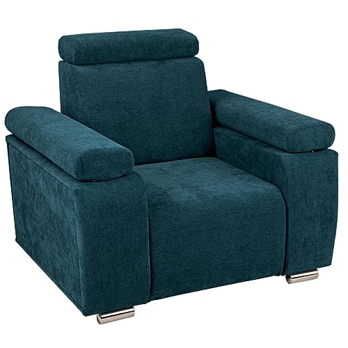 Sessel mit verstellbarer Kopfstütze und Armlehnen seeblau mit silberfarbenen Beinen - aus kariertem Stoff, zur einfachen Selbstmontage - Sessel für Wohnzimmer, Schlafzimmer, einzeln und im Set von postergaleria