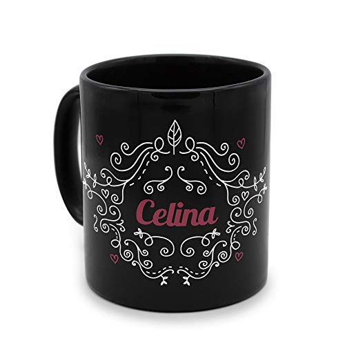 printplanet - Tasse Schwarz mit Namen Celina - Motiv: Ornamente - Namenstasse, Kaffeebecher, Mug, Becher, Kaffeetasse von printplanet