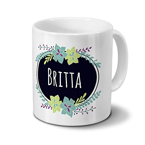 printplanet Tasse mit Namen Britta - Motiv Flowers - Namenstasse, Kaffeebecher, Mug, Becher, Kaffeetasse - Farbe Weiß von printplanet