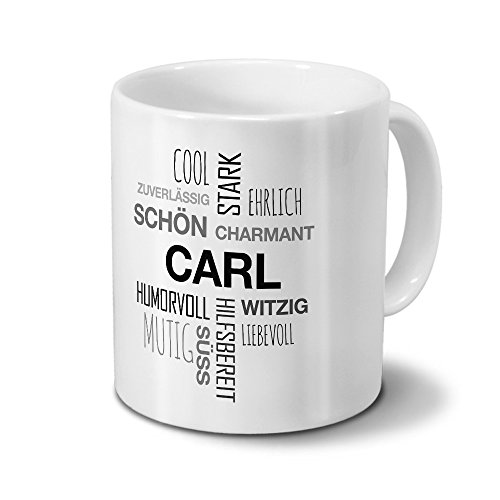 printplanet Tasse mit Namen Carl Positive Eigenschaften Tagcloud - Schwarz - Namenstasse, Kaffeebecher, Mug, Becher, Kaffeetasse von printplanet