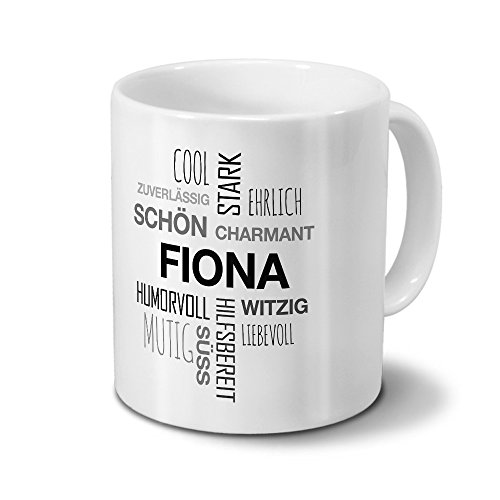 printplanet Tasse mit Namen Fiona Positive Eigenschaften Tagcloud - Schwarz - Namenstasse, Kaffeebecher, Mug, Becher, Kaffeetasse von printplanet
