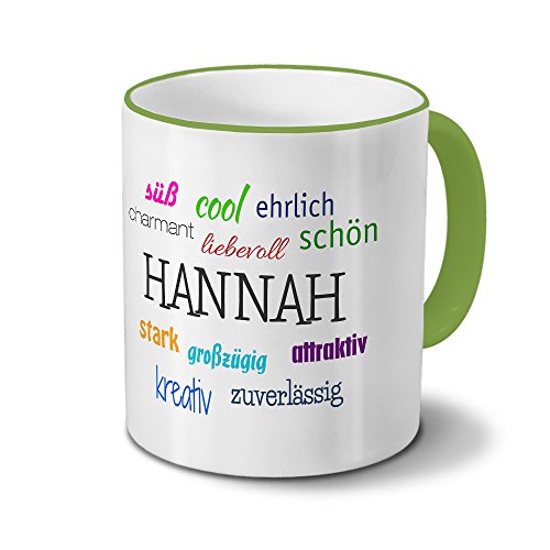 printplanet Tasse mit Namen Hannah - Positive Eigenschaften von Hannah - Namenstasse, Kaffeebecher, Mug, Becher, Kaffeetasse - Farbe Grün von printplanet