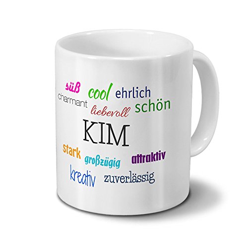 printplanet Tasse mit Namen Kim - Positive Eigenschaften von Kim - Namenstasse, Kaffeebecher, Mug, Becher, Kaffeetasse - Farbe Weiß von printplanet