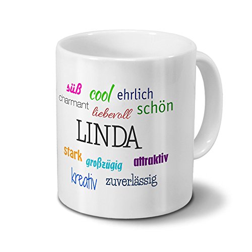 printplanet Tasse mit Namen Linda - Positive Eigenschaften von Linda - Namenstasse, Kaffeebecher, Mug, Becher, Kaffeetasse - Farbe Weiß von printplanet