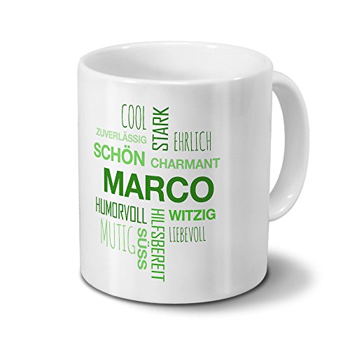 printplanet Tasse mit Namen Marco Positive Eigenschaften Tagcloud - Grün - Namenstasse, Kaffeebecher, Mug, Becher, Kaffeetasse von printplanet