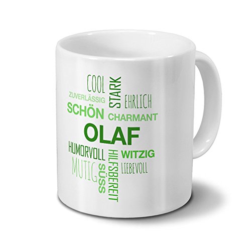 printplanet Tasse mit Namen Olaf Positive Eigenschaften Tagcloud - Grün - Namenstasse, Kaffeebecher, Mug, Becher, Kaffeetasse von printplanet