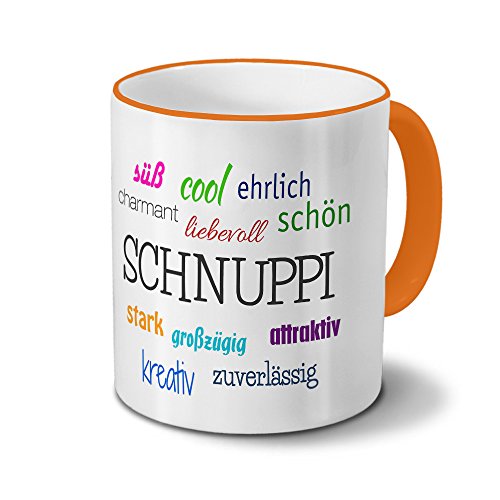 printplanet Tasse mit Namen Schnuppi - Motiv Positive Eigenschaften - Namenstasse, Kaffeebecher, Mug, Becher, Kaffeetasse - Farbe Orange von printplanet