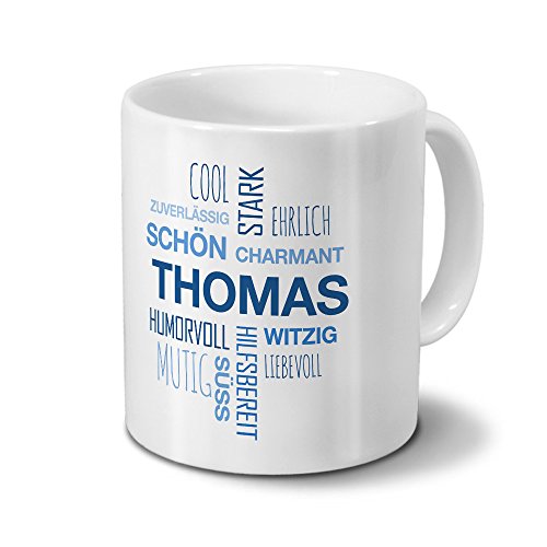 printplanet Tasse mit Namen Thomas Positive Eigenschaften Tagcloud - Blau - Namenstasse, Kaffeebecher, Mug, Becher, Kaffeetasse von printplanet