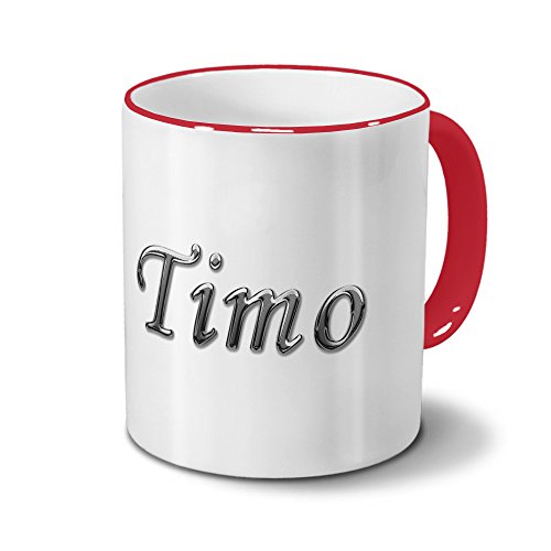printplanet Tasse mit Namen Timo - Motiv Chrom-Schriftzug - Namenstasse, Kaffeebecher, Mug, Becher, Kaffeetasse - Farbe Rot von printplanet