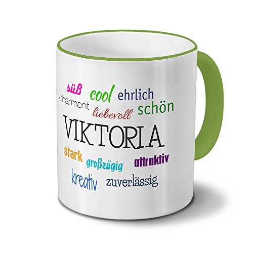 printplanet Tasse mit Namen Viktoria - Positive Eigenschaften von Viktoria - Namenstasse, Kaffeebecher, Mug, Becher, Kaffeetasse - Farbe Grün von printplanet